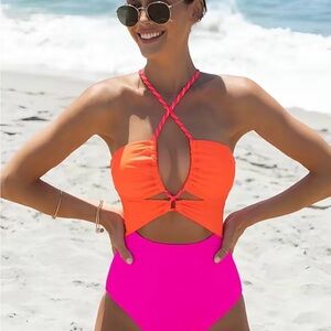 Popvil Color block front cutout one piece swimsuit, tummy control & high waisted